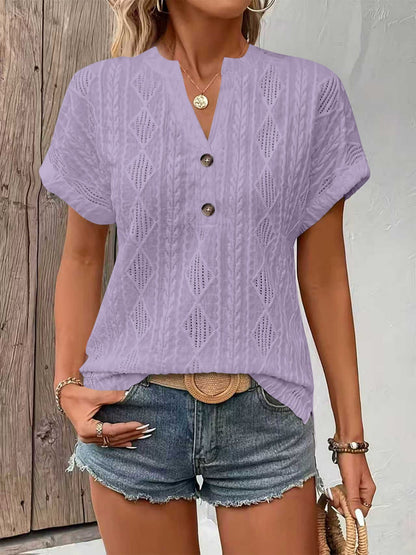 Knitting Buttons V-neck Short Sleeve T-shirts