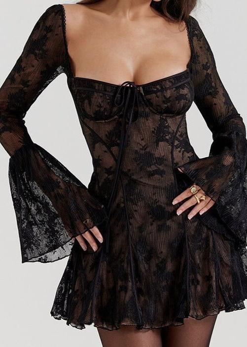 Floral Lace Bustier Tie Front Bell Sleeve Fit and Flare Mini Dress