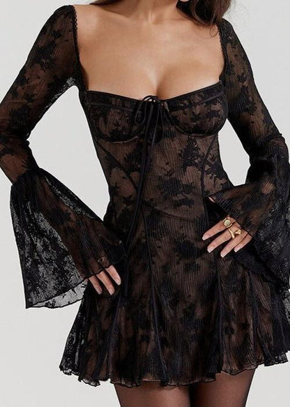 Floral Lace Bustier Tie Front Bell Sleeve Fit and Flare Mini Dress