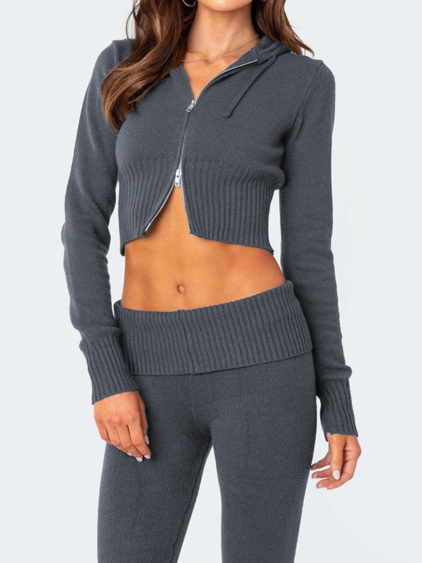 Solid Knit Hoodie & Flare Leg Pants Set