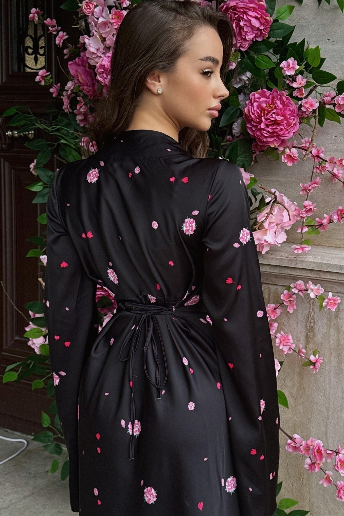 | Satin Floral V Neck Flared Hem Maxi Dress