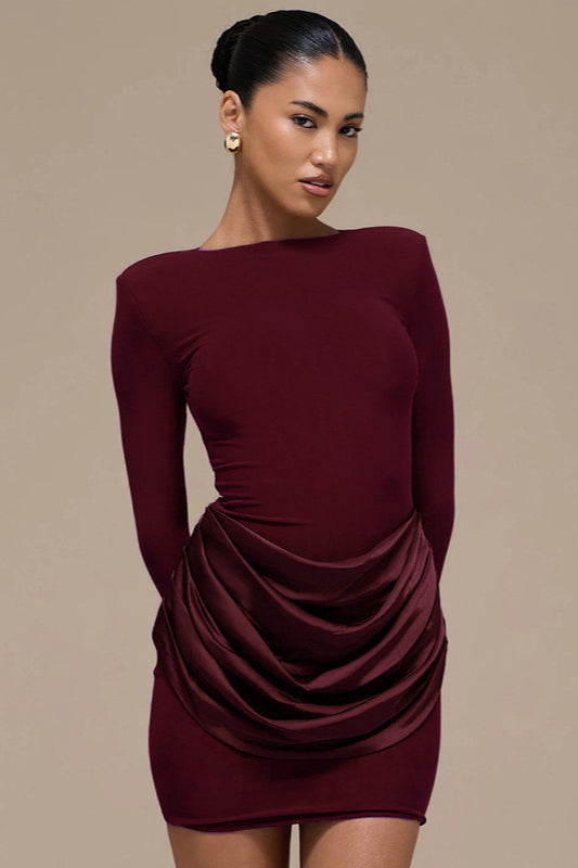 Boat Neck Padded Shoulder Long Sleeve Draped Satin Hip Overlay Bodycon Mini Dress