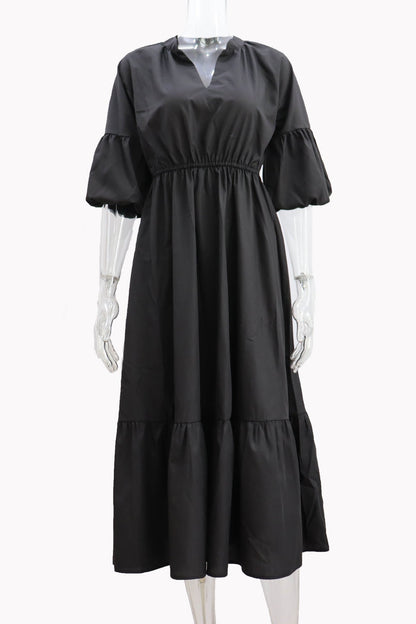 Half Sleeve V Neck High Waist Midi Dress