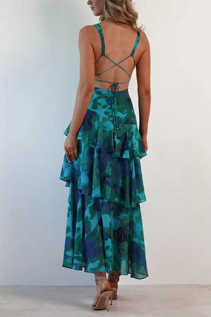 Floral Print Tie-up Back Chiffon Tiered Dress