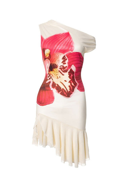 One-Shoulder Orchid Print Asymmetric Ruffle Hem Mini Dress
