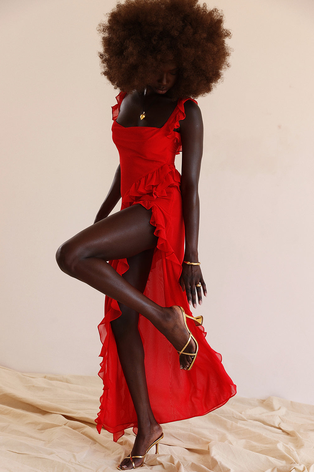Square Neck Cap Sleeve Cascading Ruffle Trim High Slit Maxi Gown
