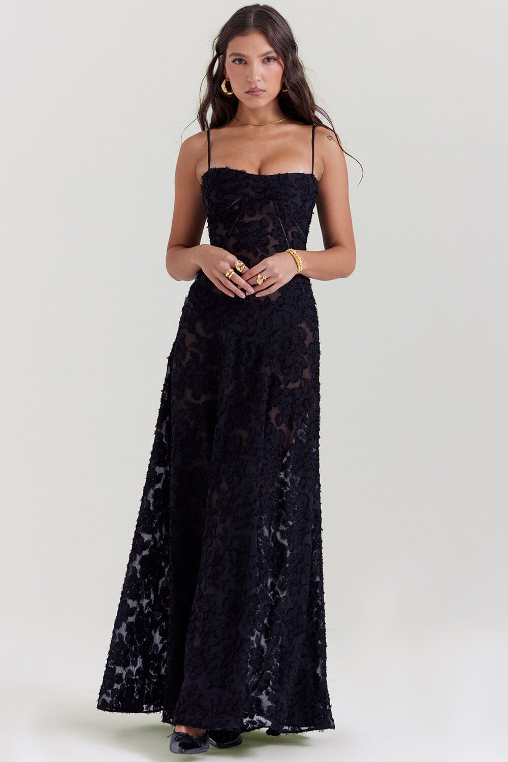 Floral Jacquard Spaghetti Strap Lace Up Corset Back Fit and Flare Maxi Dress