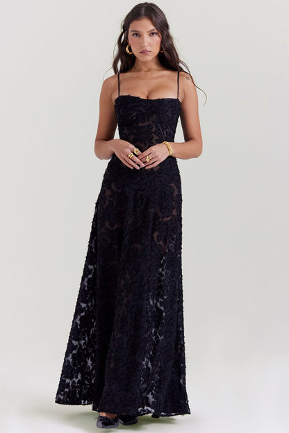 Floral Jacquard Spaghetti Strap Lace Up Corset Back Fit and Flare Maxi Dress