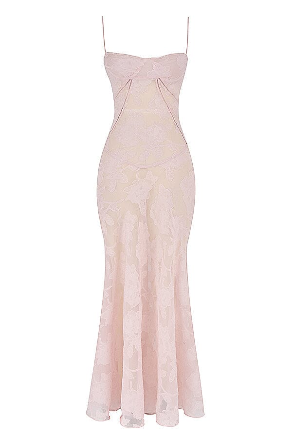 Floral Jacquard Spaghetti Strap Lace Up Corset Back Fit and Flare Maxi Dress