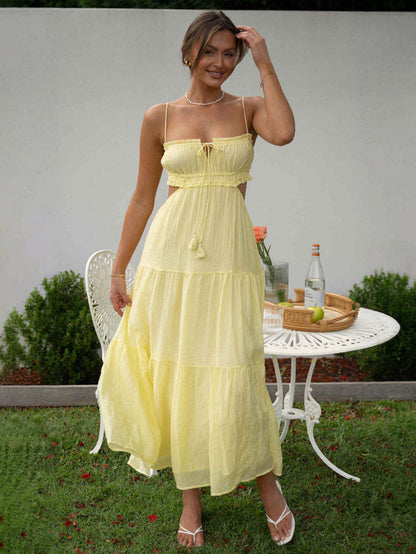 White Dress Tiered Spaghetti Strap Cutout Lace Up Summer Casual Midi Dresses