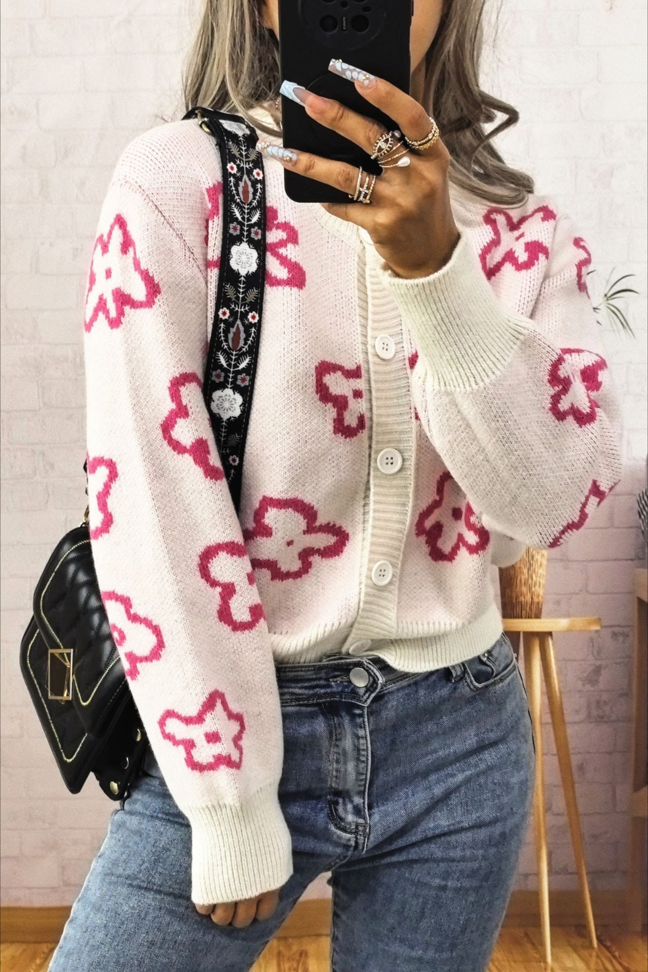 Floral Jacquard Short Single-Row Button Knit Cardigan