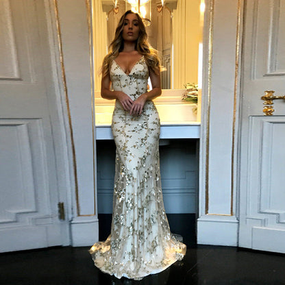 Wedding Sequin Gauze Slim-Fit Trailing Backless Formal Dress