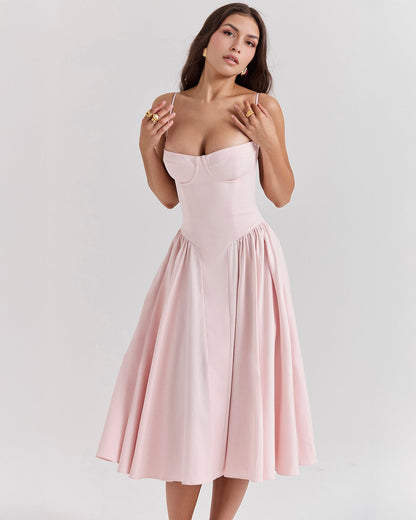 Bustier Spaghetti Strap Underwire Cup Dropped Waist Pleated Midi Dress