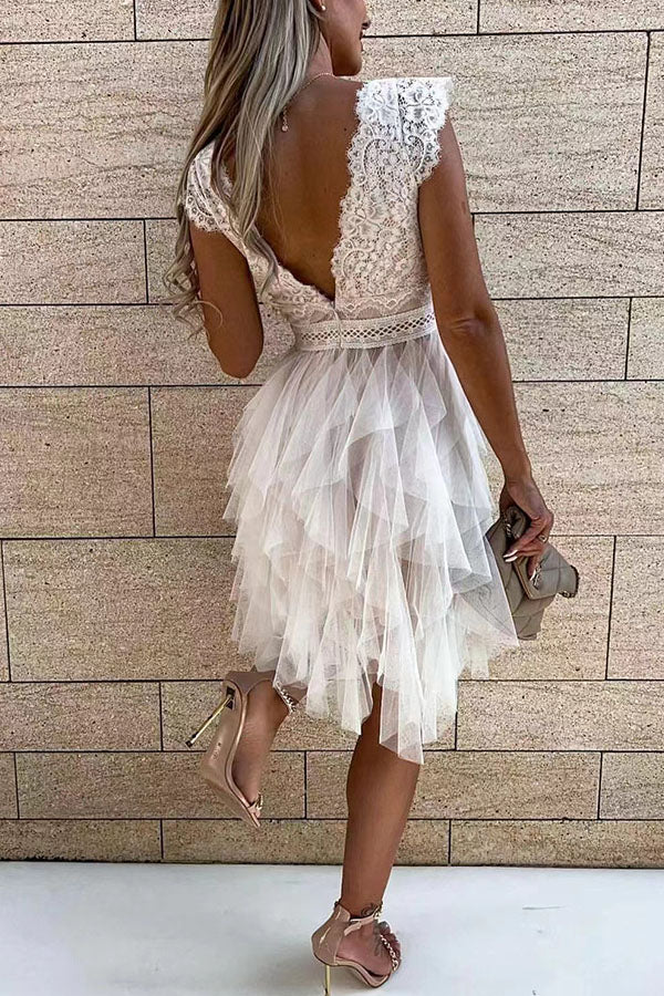 Lace V-Neck Flutter Cap Sleeve Bow Waist Tiered Tulle Ruffle Mini Dress