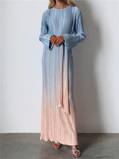 Tossy Pleated Gradient Midi Dress Women’s Lace Up New Fashion Long Sleeved Loose Pullover Female High Waist Party Dress 2024