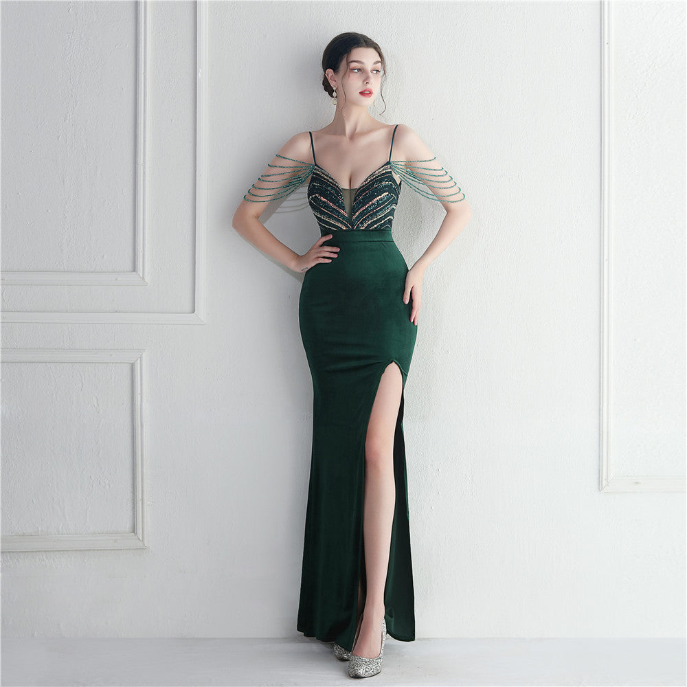 Korean Velvet Sequined Annual Party Social Long Evening Dress