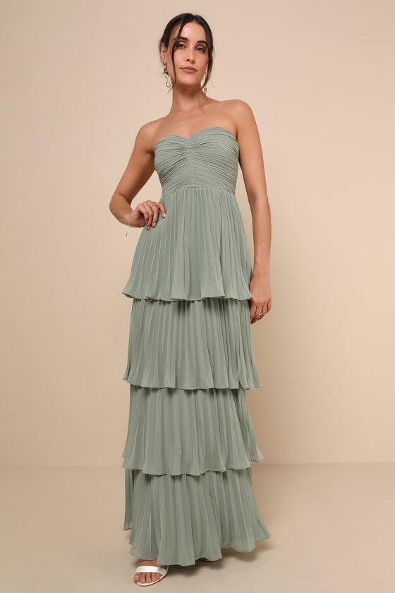 Strapless Sweetheart Ruched Tiered Pleated Maxi Gown