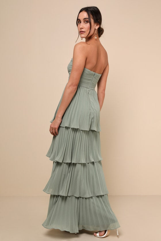 Strapless Sweetheart Ruched Tiered Pleated Maxi Gown