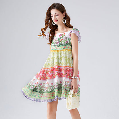 Contrast Colorful Flower Print Chiffon Dress High Waist Back Rubber A- Line Short Dress