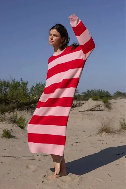 Bold Stripe Mock Neck Long Sleeve Oversized Knit Midi Sweater Dress