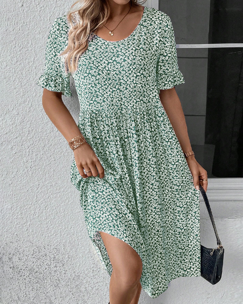 Ditsy Floral Print Flutter Sleeve Scoop Neck Tiered Babydoll Midi Dress