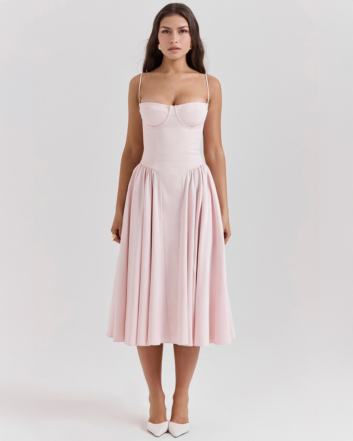 Spaghetti Strap Corset Bodice Basque Waist Pleated A-Line Midi Dress