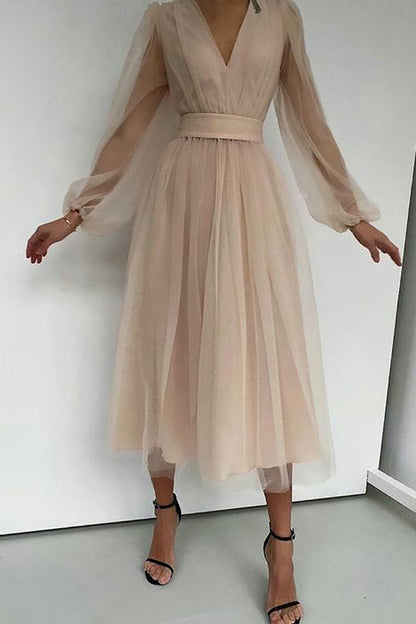 Tulle Deep V-Neck Lantern Sleeve Pleated Belted Midi Dress