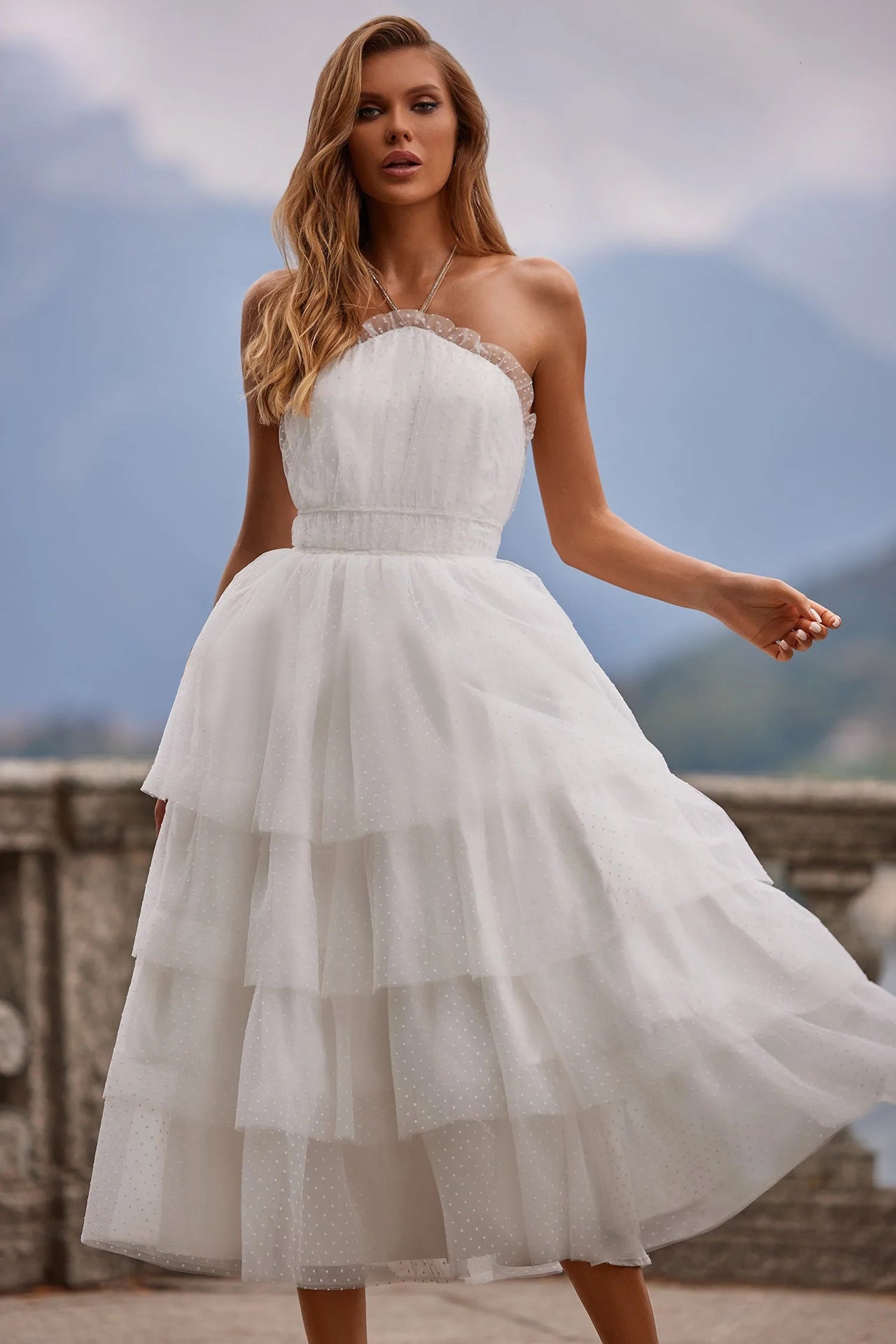 Halter Ruffle Trim Swiss Dot Tulle Tiered Cupcake Midi Dress