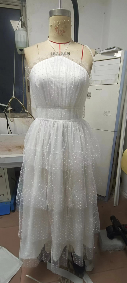 Halter Ruffle Trim Swiss Dot Tulle Tiered Cupcake Midi Dress