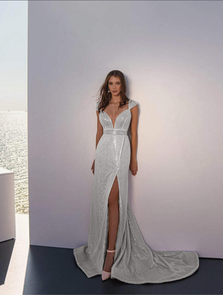 V Neck Slim Hip Wrapped Dress Sequined Split Dress
