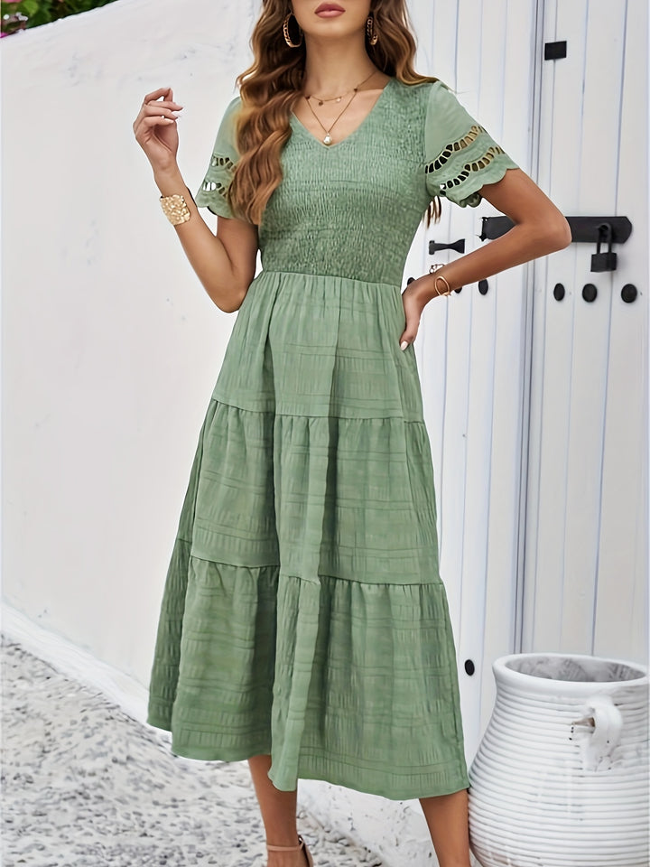 Eyelet Embroidery Smocked V-Neck Scalloped Cap Sleeve Tiered Crinkle Midi Dress
