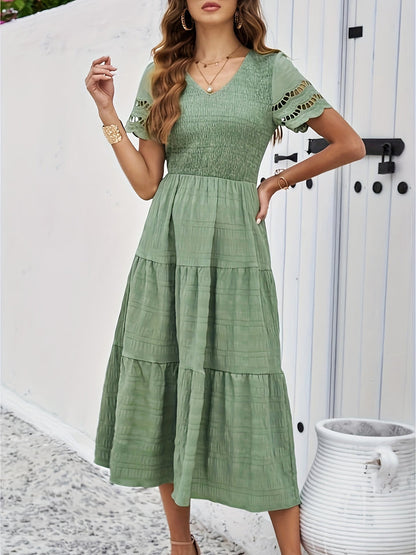 Eyelet Embroidery Smocked V-Neck Scalloped Cap Sleeve Tiered Crinkle Midi Dress