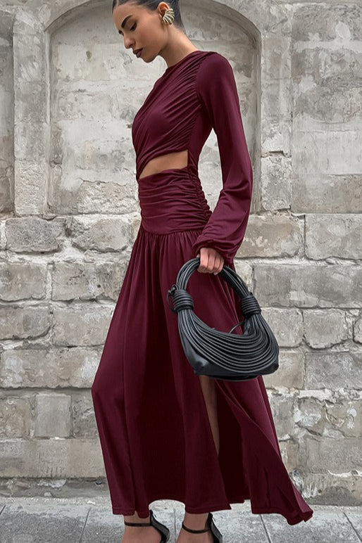 Crew Neck Bishop Sleeve Midriff Cutout Ruched Drape High Slit Maxi Gown