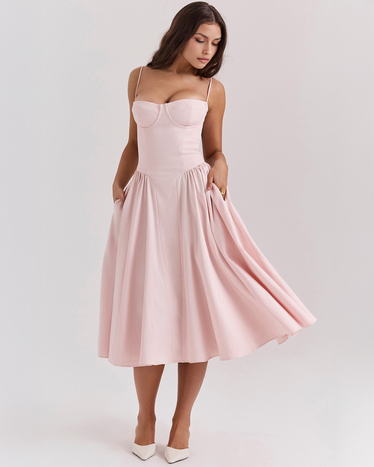 Spaghetti Strap Corset Bodice Basque Waist Pleated A-Line Midi Dress