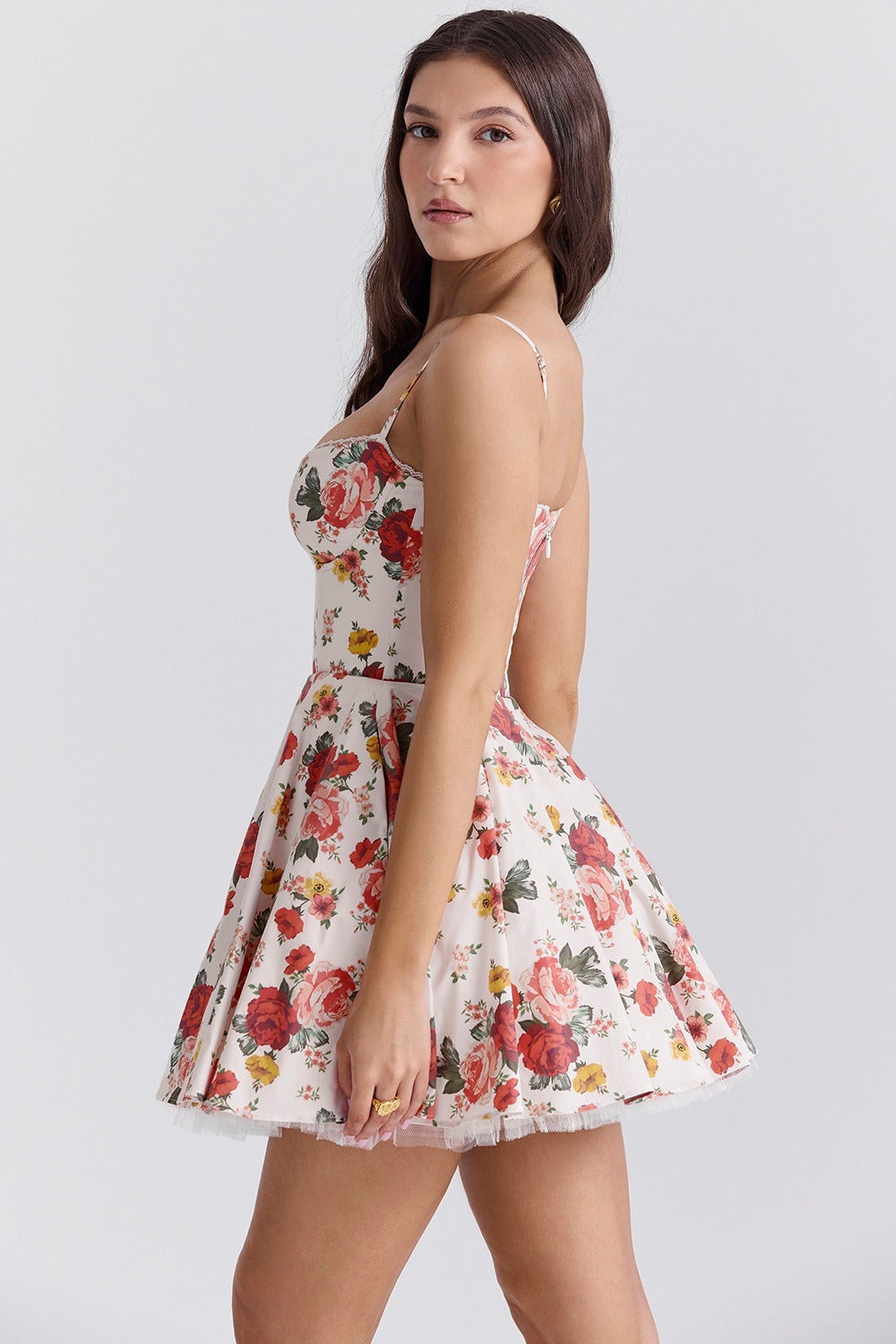 Floral Print Sweetheart Bustier Spaghetti Strap Tulle Hem Fit-and-Flare Mini Dress