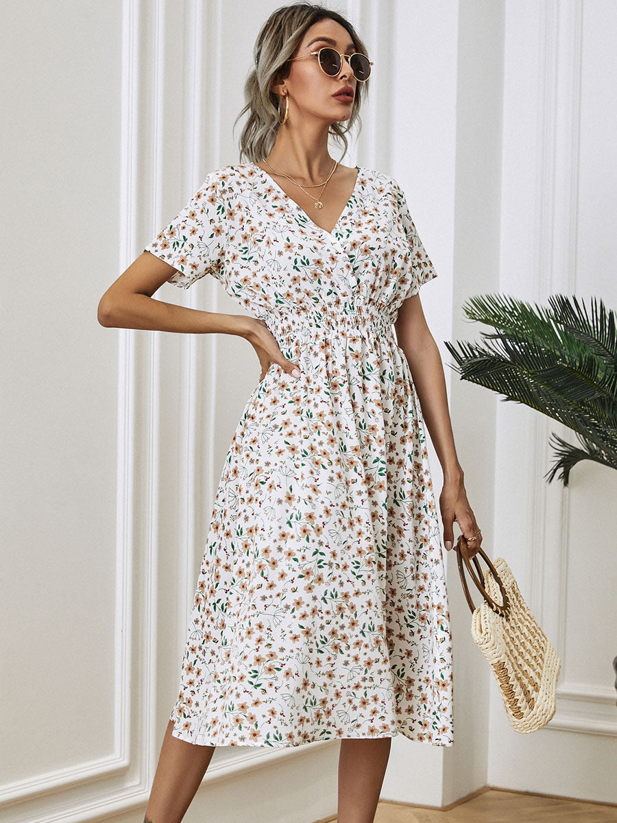 Midi Dress V-Neck Short Sleeves Floral Printed   Chic Summer Dress