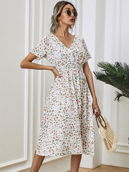 Midi Dress V-Neck Short Sleeves Floral Printed   Chic Summer Dress