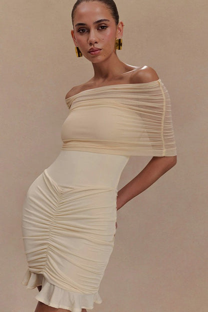 Off Shoulder Ruched Mesh Overlay Bodycon Mini Dress