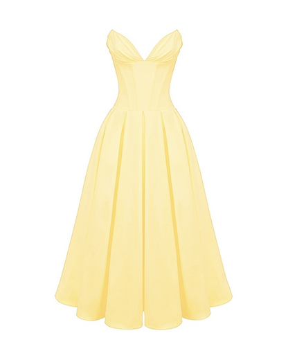 Strapless Corset Sweetheart Neckline Box Pleat A-Line Midi Dress