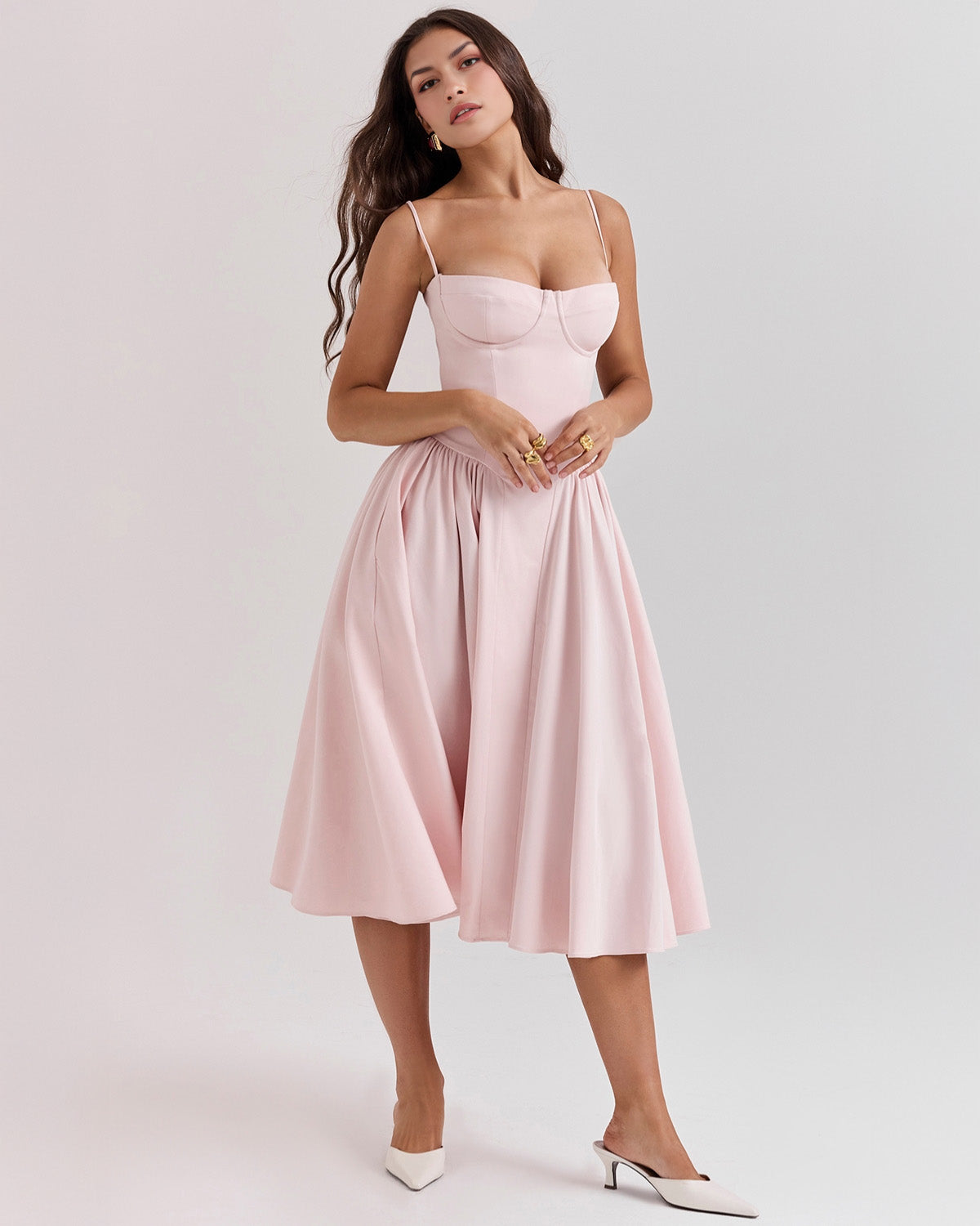 Bustier Spaghetti Strap Underwire Cup Dropped Waist Pleated Midi Dress