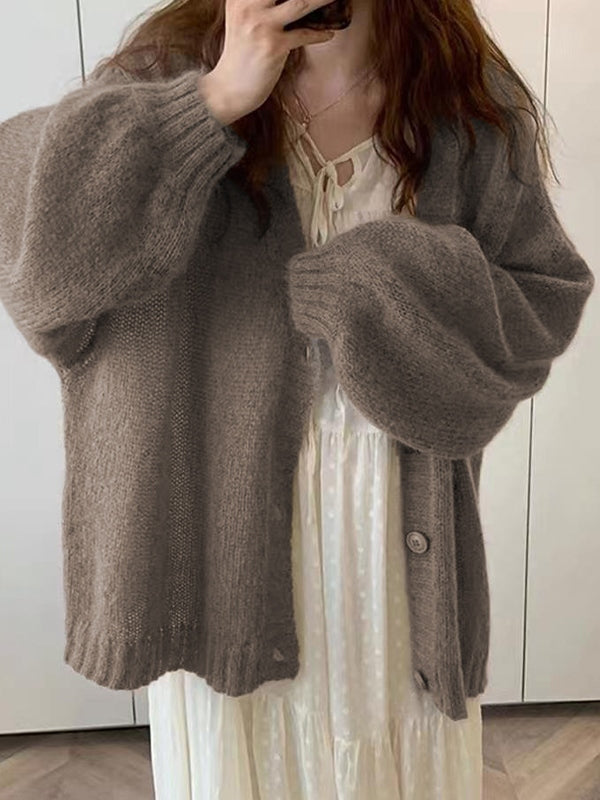 Mohair Solid Lantern Sleeve Baggy Cardigan