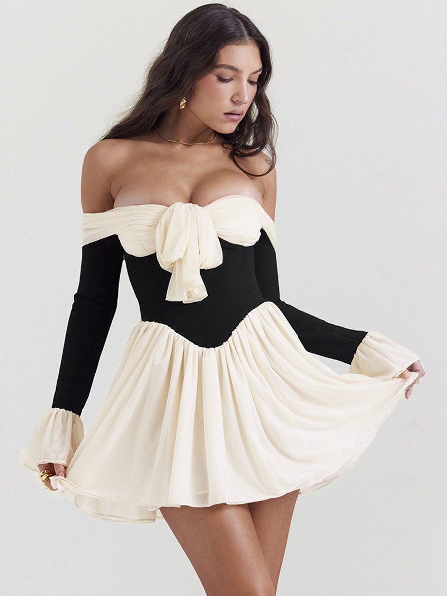 Ruffles Trim Flared Dress Off Shoulder Backless Two-Tone Mini Dresses