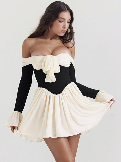 Ruffles Trim Flared Dress Off Shoulder Backless Two-Tone Mini Dresses
