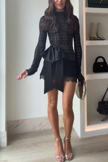 Anna Semi-sheer Lace Long Sleeve Back Bow Tie-up Cutout Stretch Bodysuit