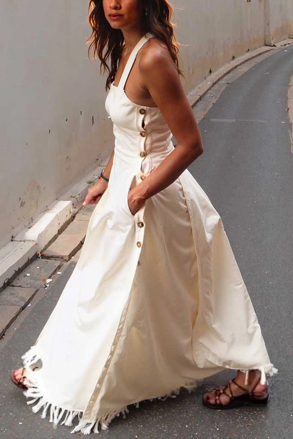 Bohemian Square Neck Pocket Tassel Holiday Maxi Dress
