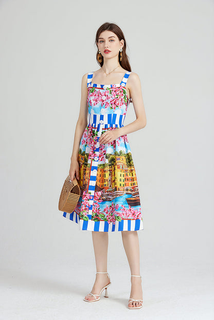 Elegant Show Palace Positioning Printed Sling Dress Slim fit High Waist A line Dress