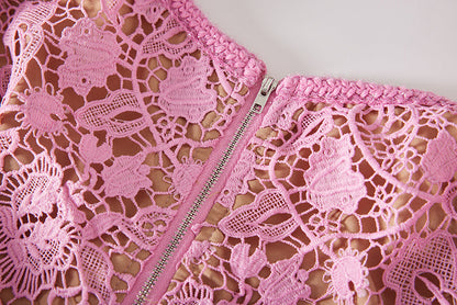 Heavy Industry High Density Water Soluble Hollow Lace Elegant Celebrity Hip Long Sleeve Dress