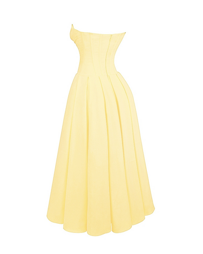 Strapless Corset Sweetheart Neckline Box Pleat A-Line Midi Dress