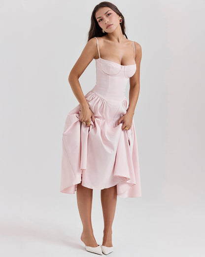 Spaghetti Strap Corset Bodice Basque Waist Pleated A-Line Midi Dress