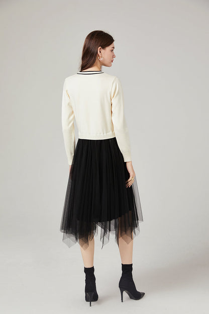 Chanel Style Classic Contrast Color Knitwear Stitching Mesh Dress Age reducing Elegant Dress
